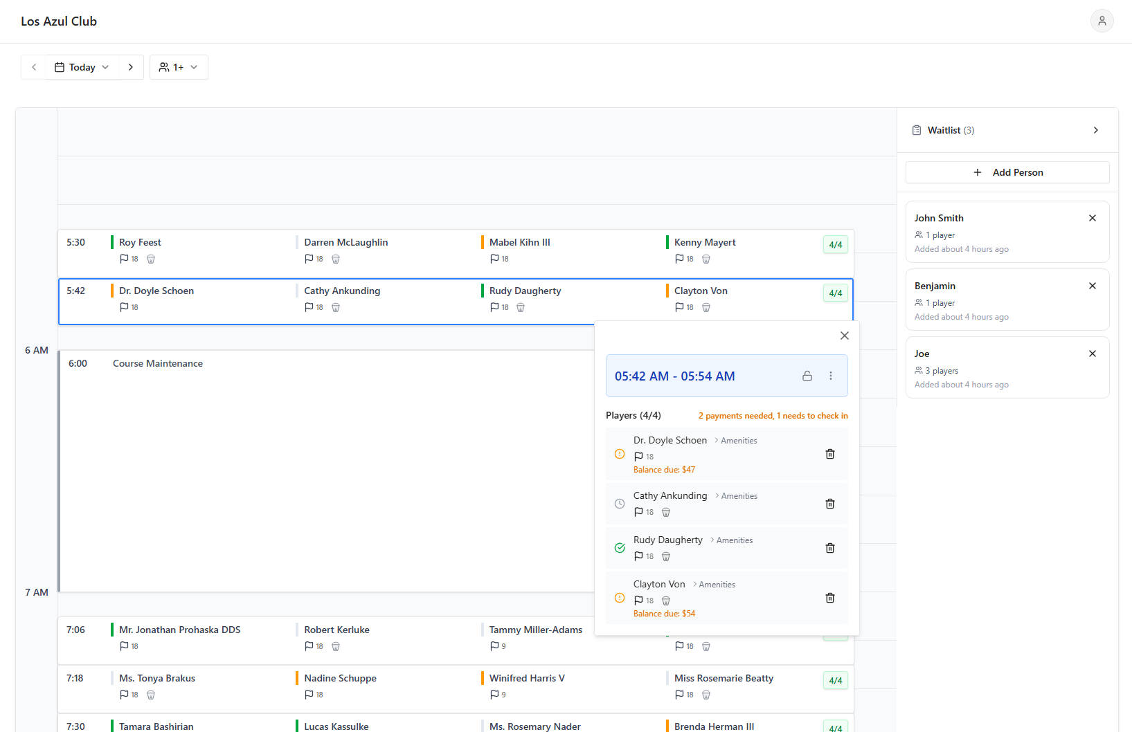 Modern tee sheet interface