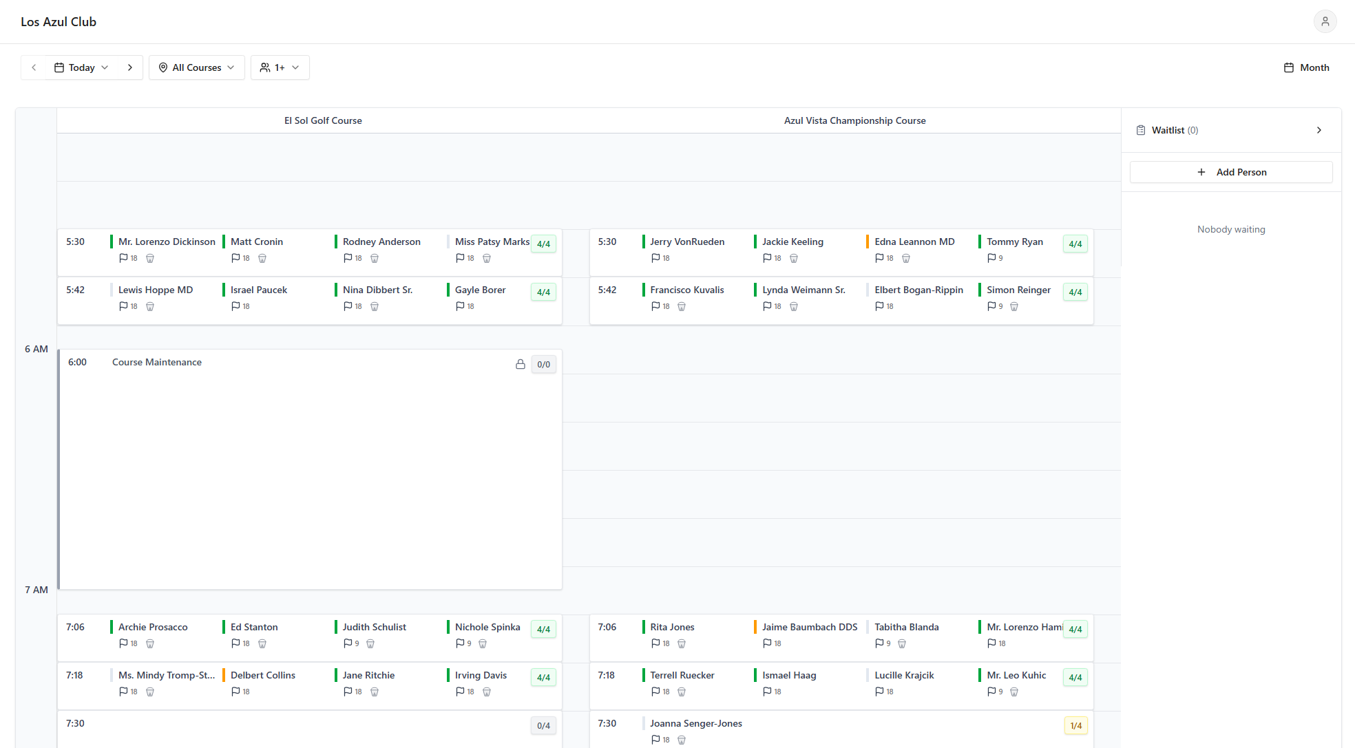 Modern tee sheet interface