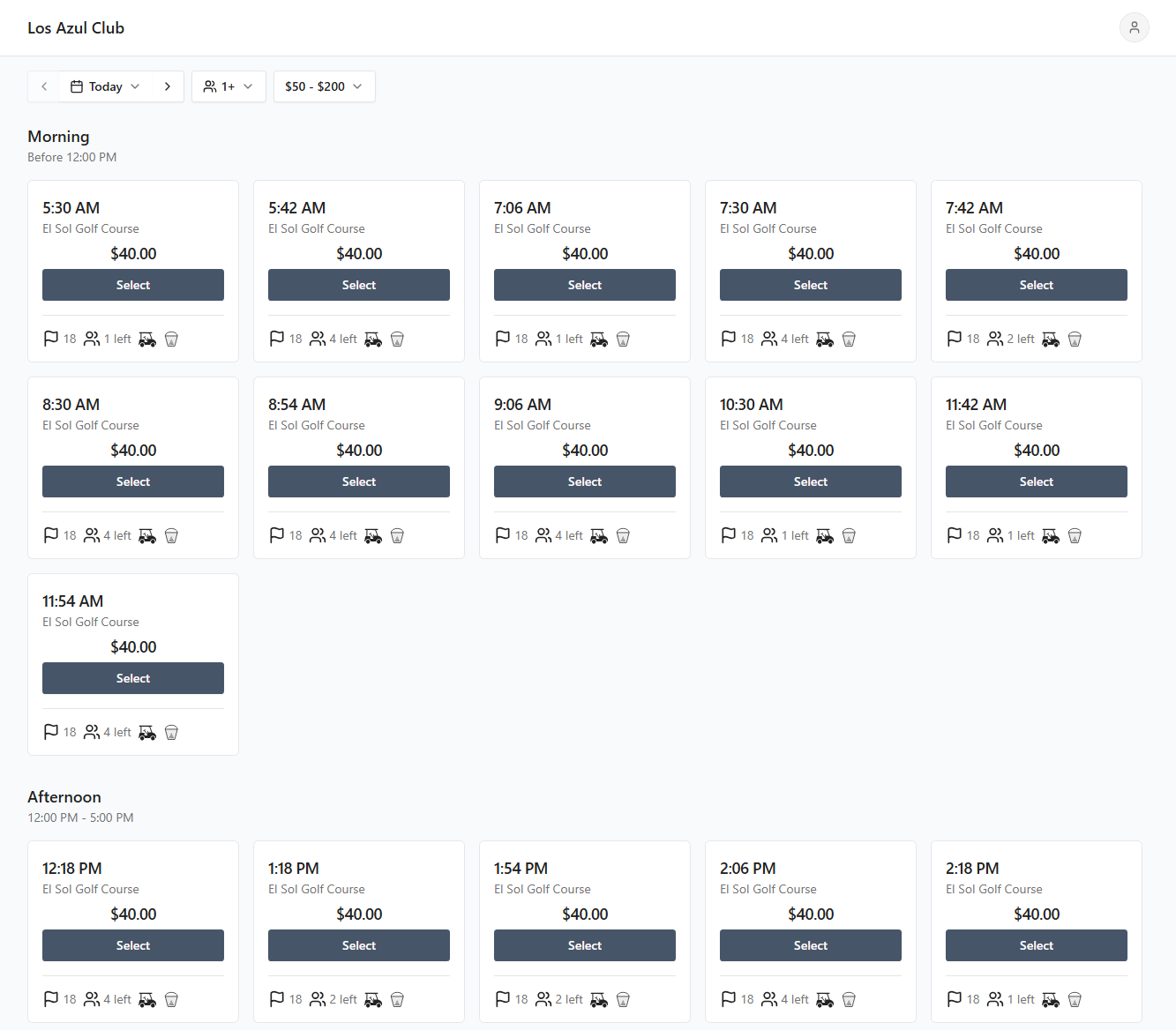 Tee times management interface